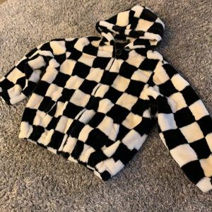 H&M faux fur checker coat
